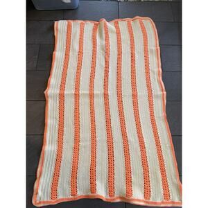 Vintage Granny Throw Blanket Afghan Crochet Striped Creme Orange 68”x 42”
